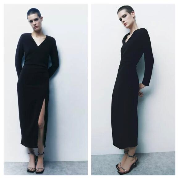 NWT Zara Ruched Waist Midi Dress Small Black Long Sleeves 2298/217 Minimalist - Picture 1 of 13